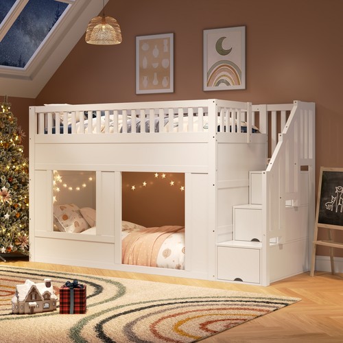 White wooden house bunk bed - house,